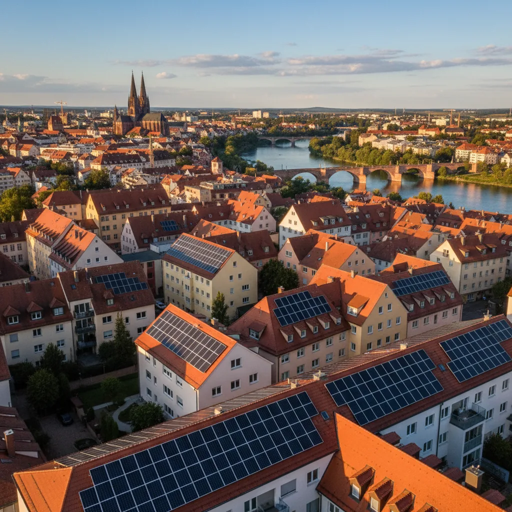 Photovoltaik-Anlagen auf Wohnhausdächern im Raum Regensburg, UNESCO-Altstadt im Hintergrund